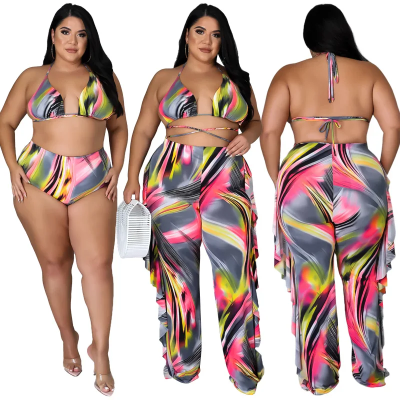 

C0302ME96 Factory Supply Holiday 3 Pieces Sexy Bikini Plus Size Halter Crop Top Swimsuits