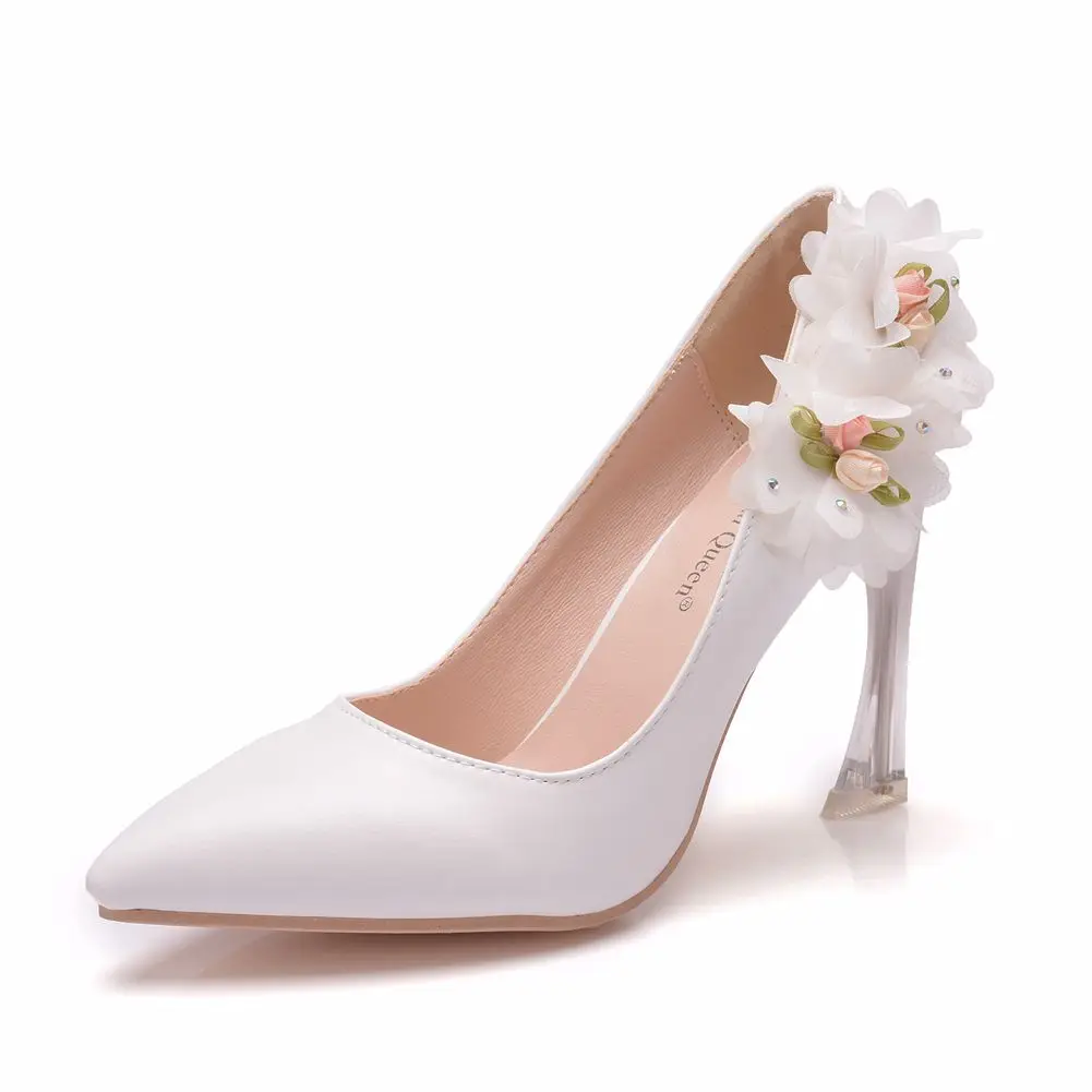 

9cm white sweet Flower crystal heel pointed toe wedding dress pumps shoes women high heels bridal shoes