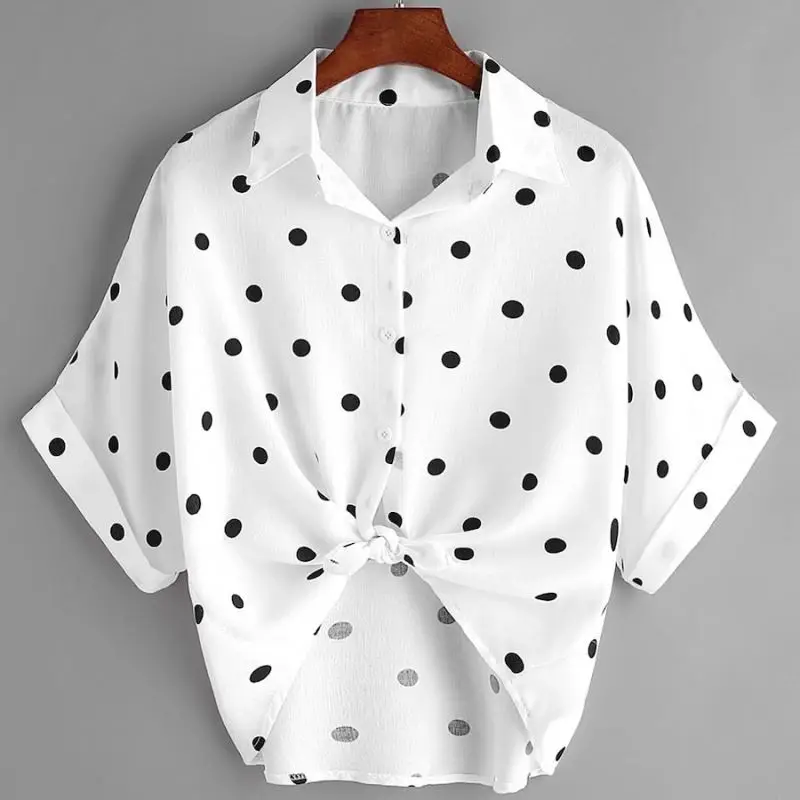 

Polka Dot Knot Front Cuffed Blouse