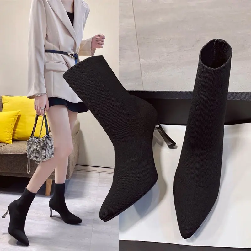 

2021 New Stylish Women Casual Fashion Black Ankle Boots 7.5CM Heel Knit High Heels Shoes