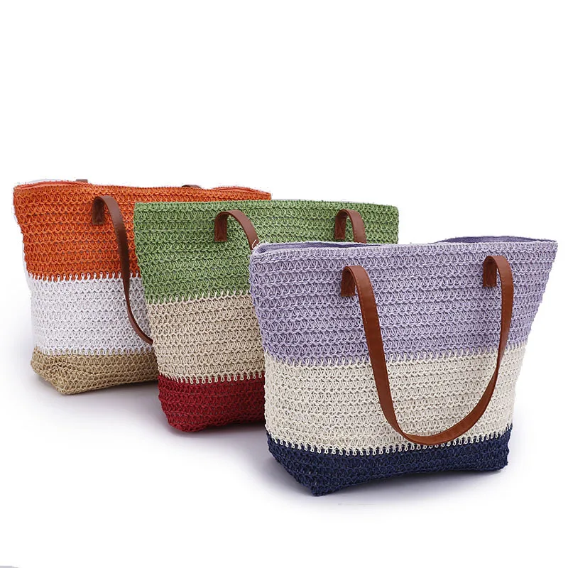 

China luxury joint colorful tote bag handwoven Fashion New Handbags beach shoulder bag straw bag with leather handle