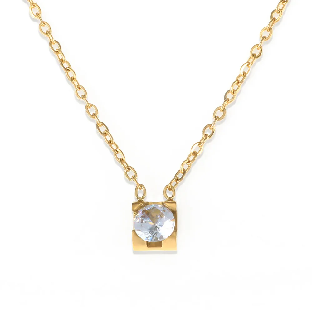 

Trendy 18K Gold Plated Stainless Steel Jewelry Delicate Necklace Mini Square Colorful Cubic Zirconia CZ Pendant Necklace Women