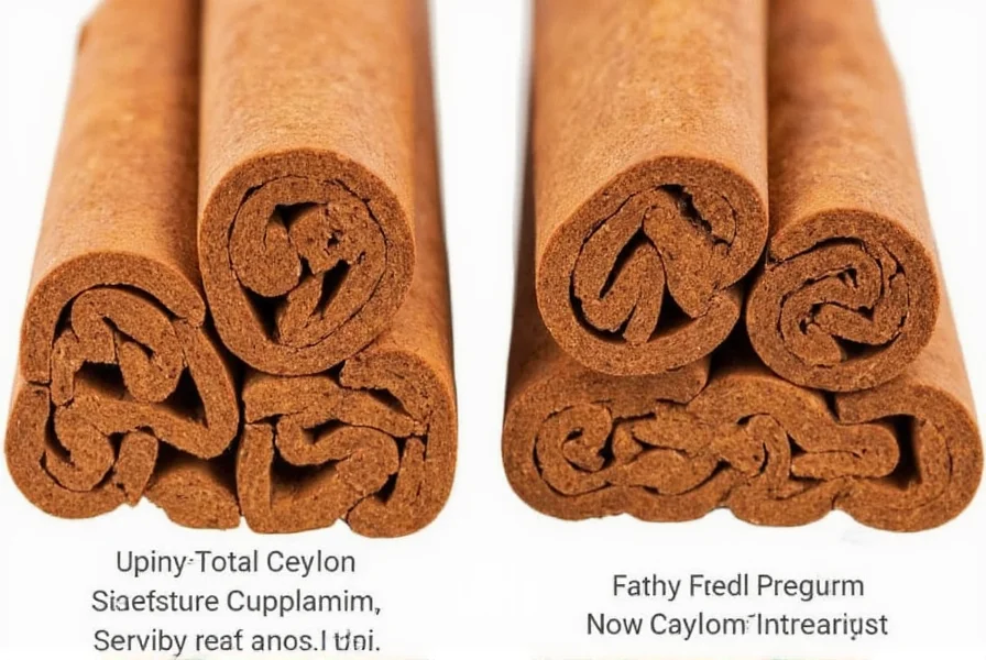 Side-by-side comparison showing how to identify real Ceylon cinnamon sticks by their layered structure and flexibility