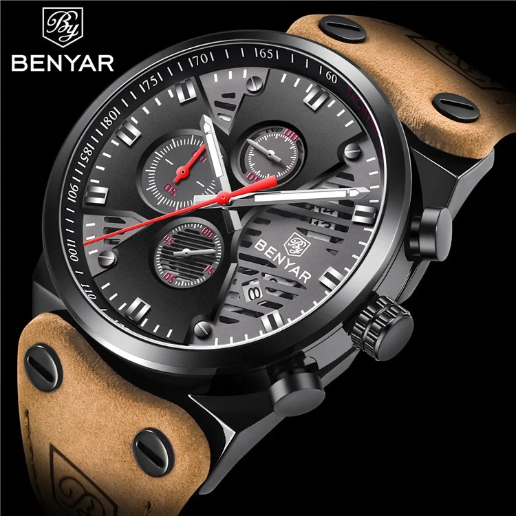 

BENYAR BY 5110 Watch Outdoor Chronograph Clock Men Sport Waterproof Quartz Watches Date Clock Leather Army Military