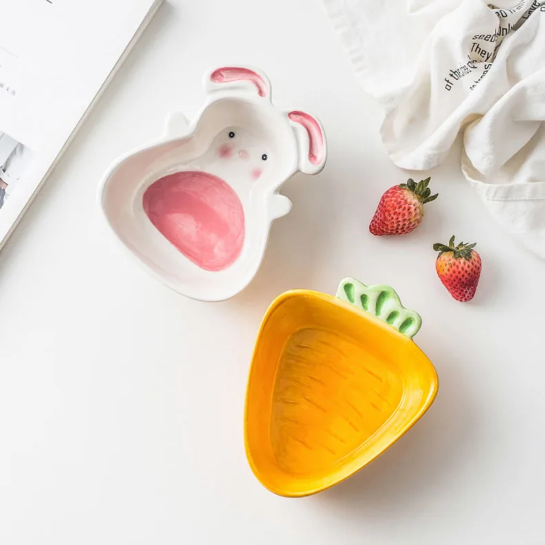 

Hot Funny Children's Style Cute Cartoon Ceramic Dinner Bowl Porcelain Rabbit Carrot Design Dish For Kid Tableware