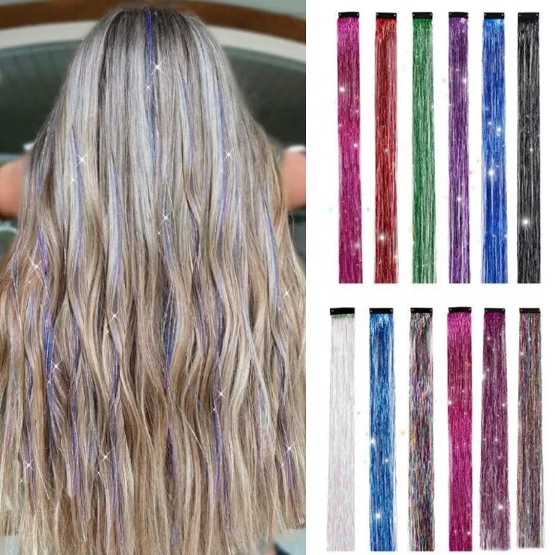 

Party Highlights Glitter Super Bright Light Yaki Straight Synthetic Hair Extension Invisible Seamless Clip In Hair Tinsel