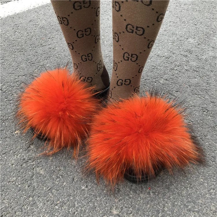 

Full Fur Slides Fox Raccoon Fur Sandal Slippers Fur Slides Raccoon, Customized color