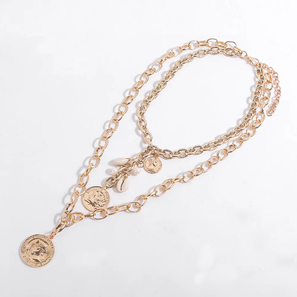 

Ruigang 2019 Bohemian 18K Gold Plated Multi-layer Coin Pendant Simple Vintage Shell Pearl Choker Chain Necklace