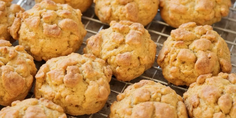 Golden brown pumpkin biscuits on a tray with a dusting of powdered sugar
