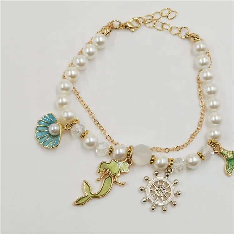 

Trendy Style Gold Chain Pearl Shell Rudder Pendant Bracelet, Charm Two Layers Bracelet For Women