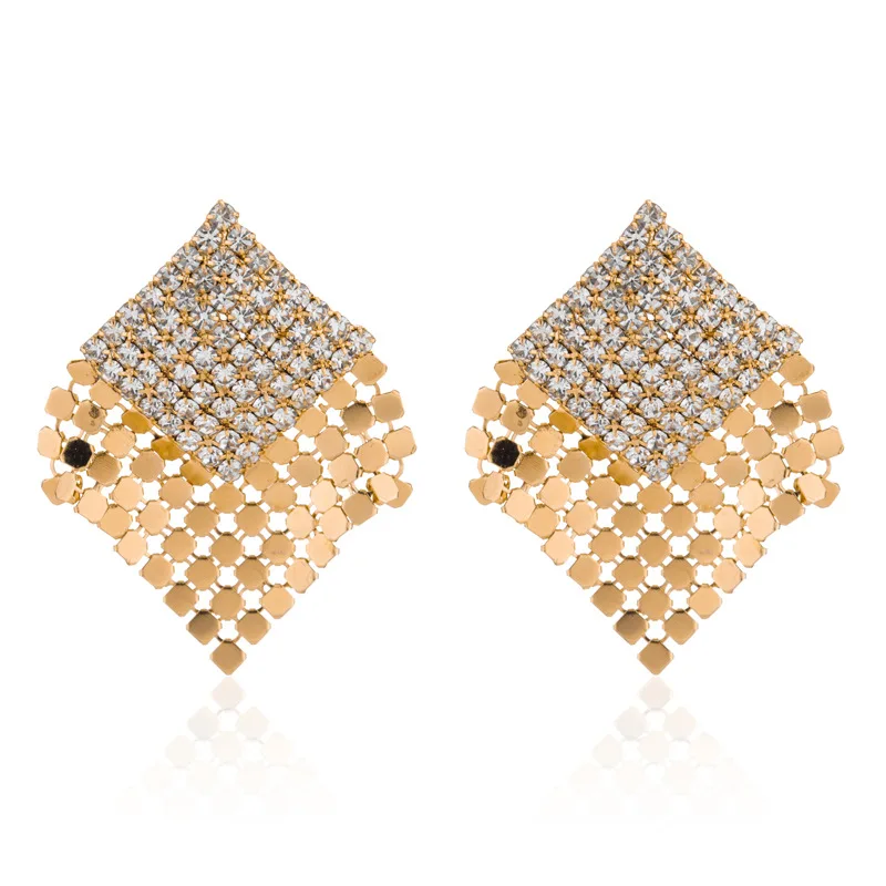 

JUHU New diamond-embedded golden sequins mesh alloy ear buckle simple party earrings classic metal alloy jewelry for women, Gold
