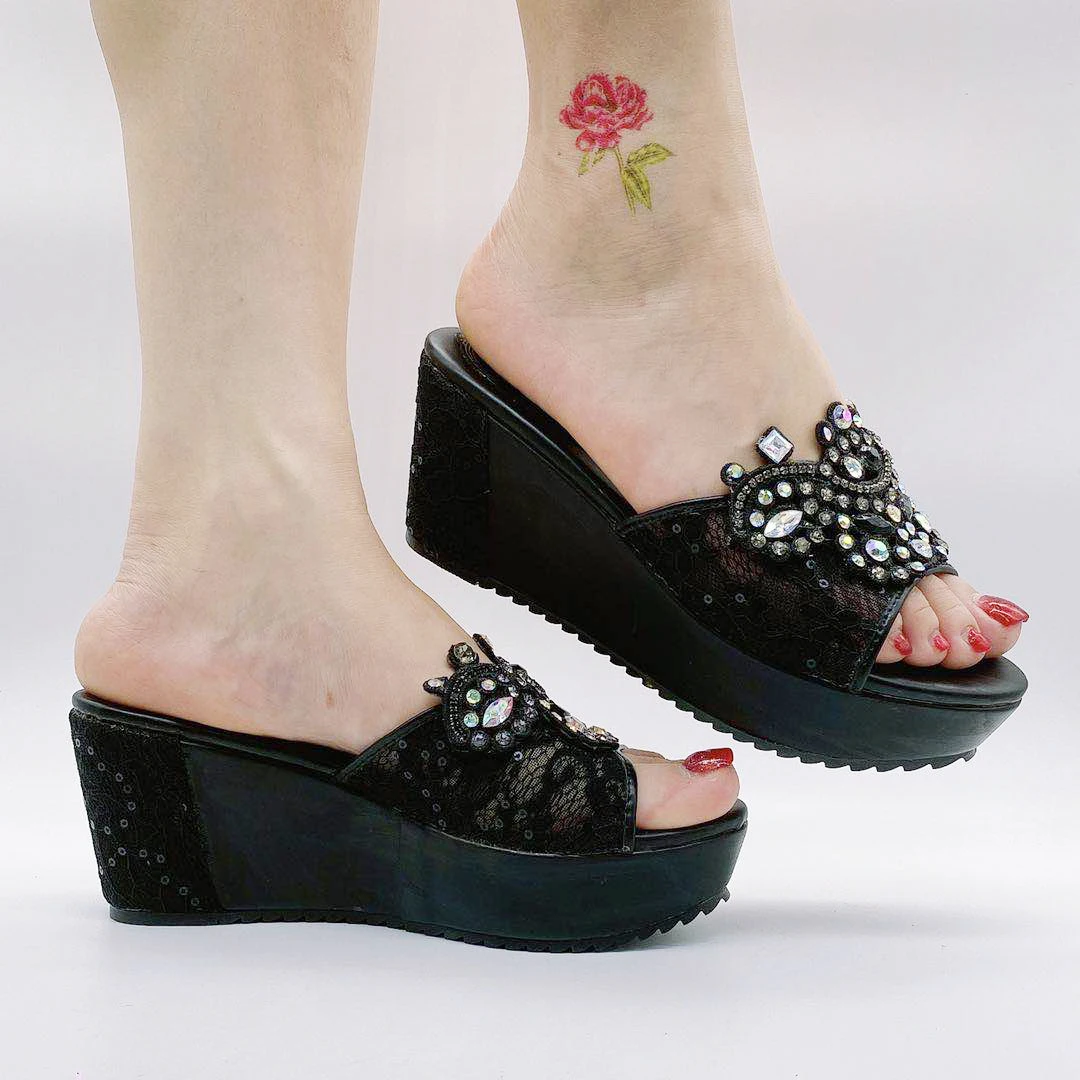 

New Arrivals OEM ODM Customized Logo High Heeled Shoes Summer Slippers Daily Life Lace Up Jewelry Shoes with Rhinestone Wedge