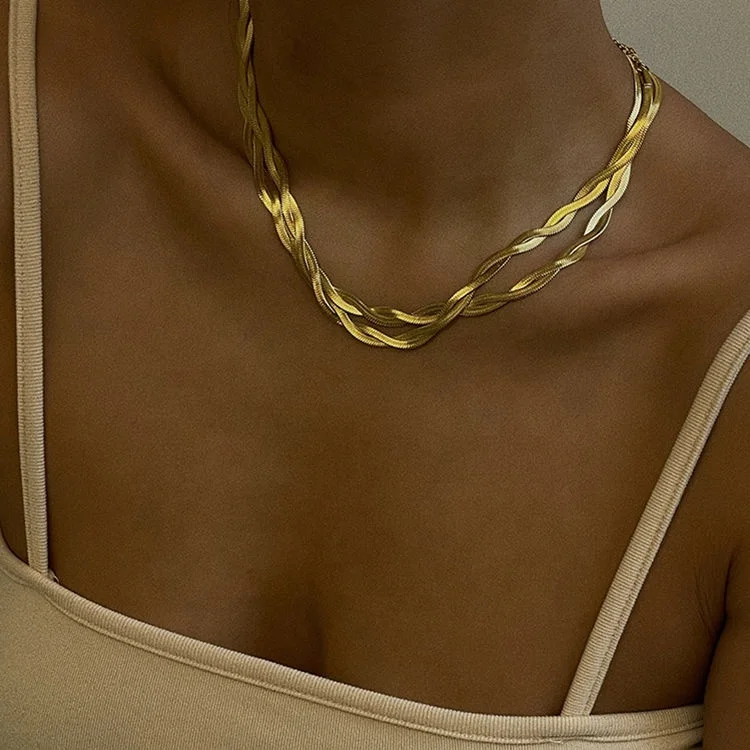 

Minimalist Stainless Steel Jewelry Gold Herringbone Chain Choker Necklace Women 18K Gold Plated Twisted Snake Chain Necklace, Gold color