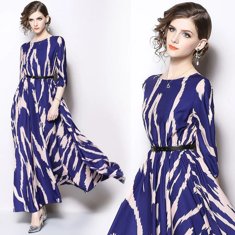 

arrivals Spring 2022 new women's round neck waist waist big lady dresses long print casual dress, Picture color