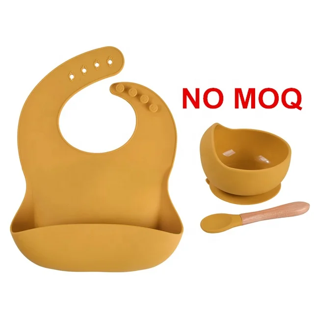 

Amazon hot sell Food grade silicone bib bowl wooden handle spoon in stock color no MOQ silicone baby feeding set, In stock color or customized