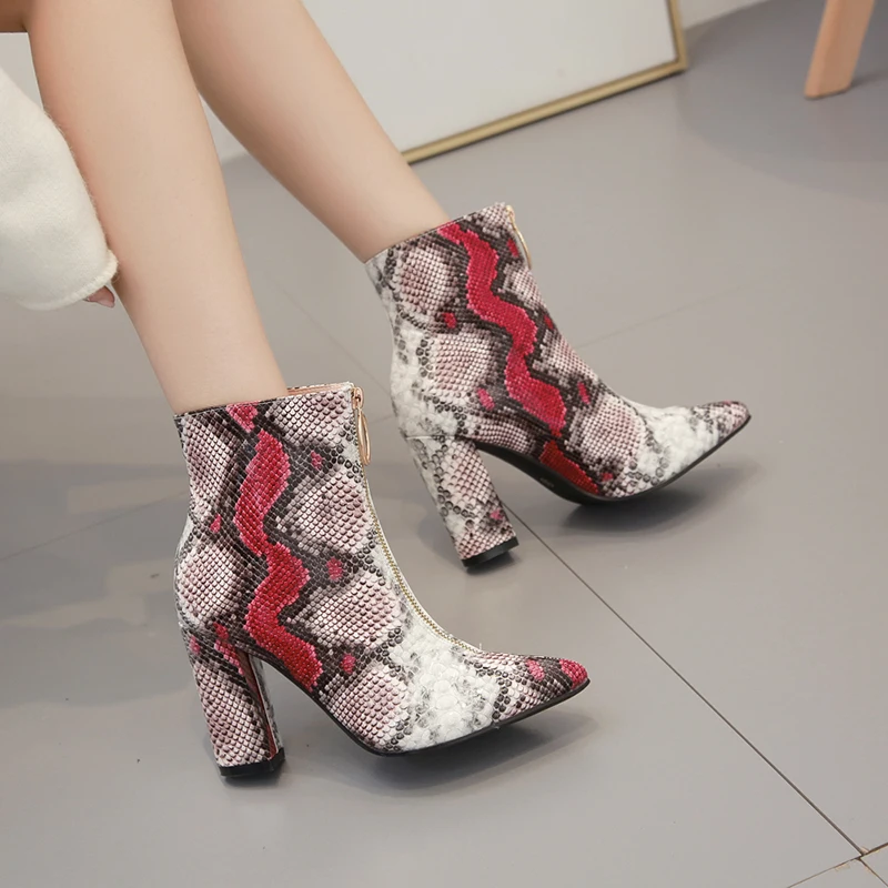 

DEleventh Shoes Woman Hot Selling Front Zipper Colorful Snakeskin PU Leather Plaid Pointy Toe Coarser Heels Ankle Boots Winter