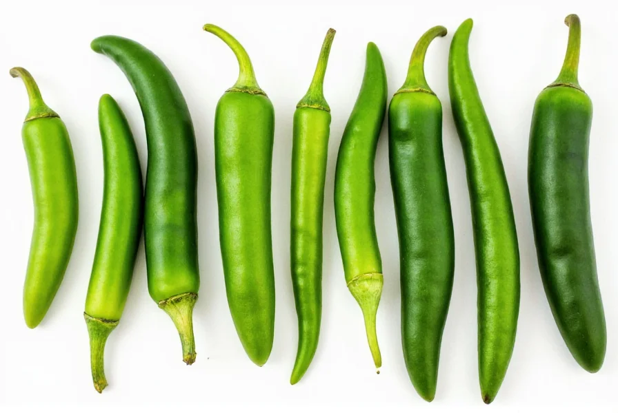 Different varieties of green chilies arranged by heat level from mild to hot
