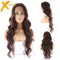 

X-TRESS Synthetic Wig Lace Front For Women Long Part 26 Inch Long Curly Ombre Blonde colored Wig With Dark Roots Wavy hair wigs