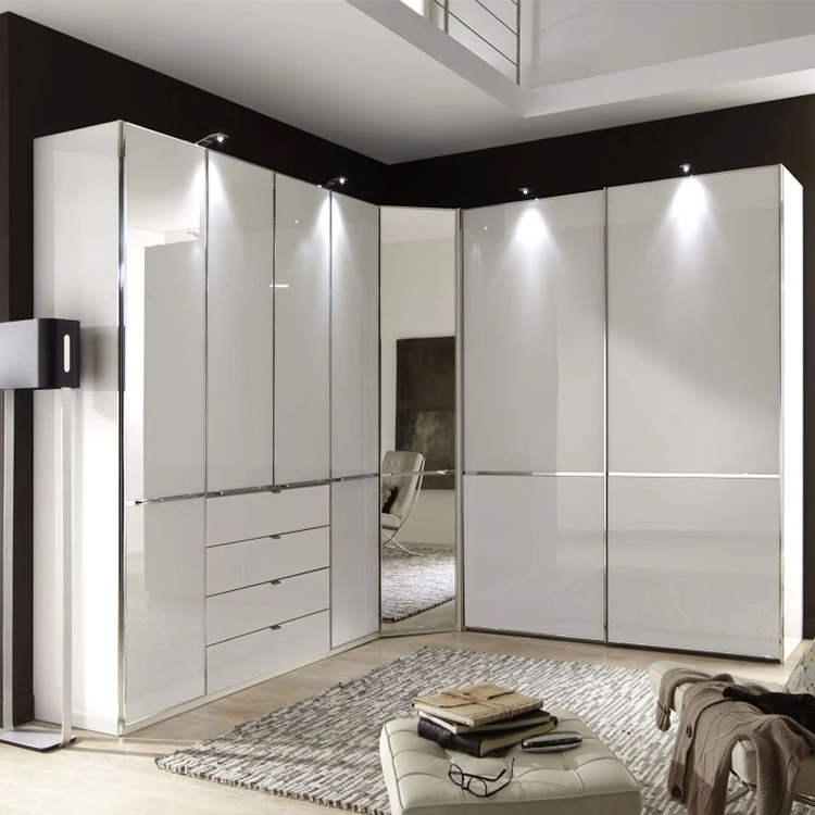 Hs-w166 Modern Style L Shape White Wooden Dressing Wardrobe With Mirror