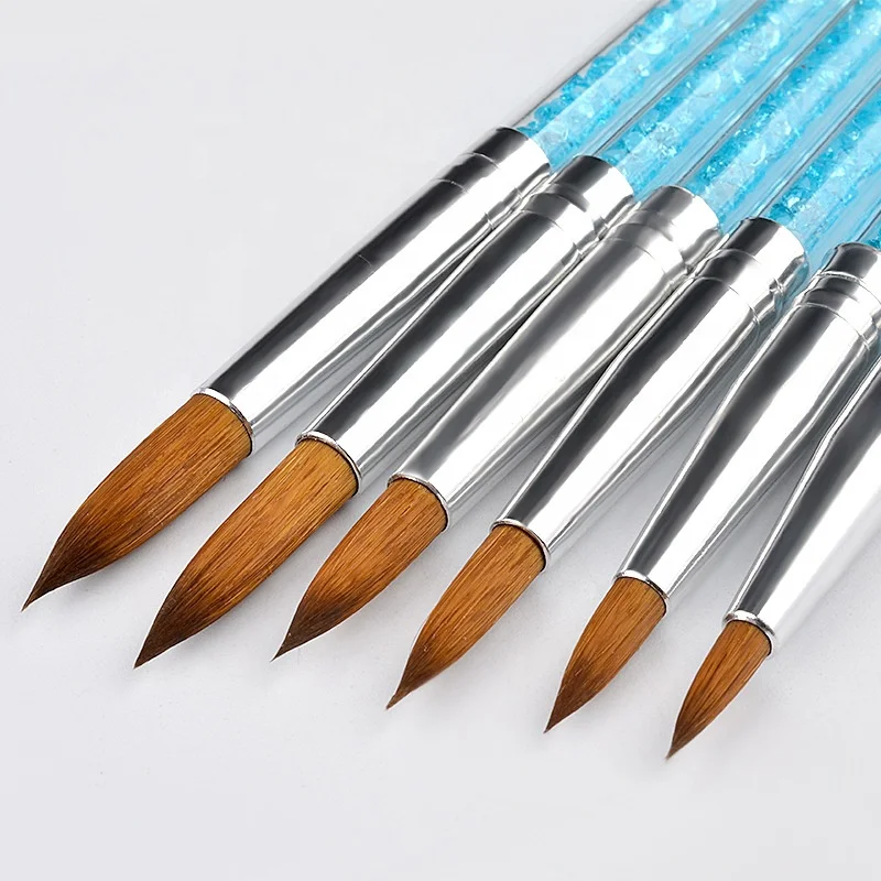 

6Pcs/set Nylon Hair Nail Brush Blue Rhinestone Handle Kolinsky Acrylic Brush Pen Nail Gel Builder Carving Dotting Drawing Tools, Pink