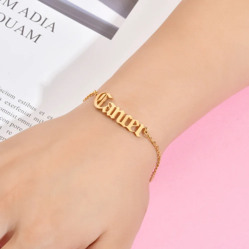 

Wish Hot Sale Stainless Steel Zodiac Sign Bracelet 18K Gold Plated 12 Zodiac Signs Letter Bracelets
