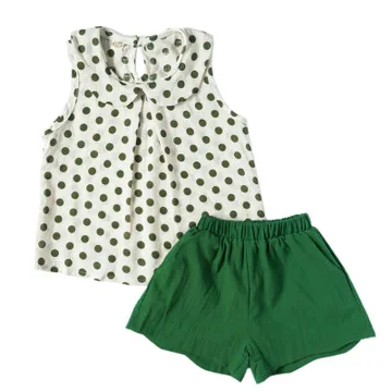 

B52649A Summer new casual wear girls fashion dot print 2pcs shorts set, Green