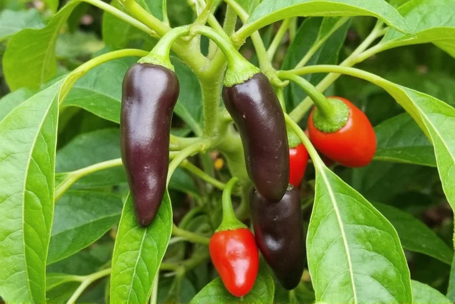 Krim pepper plant showing purple-black immature peppers and red mature peppers growing on bush