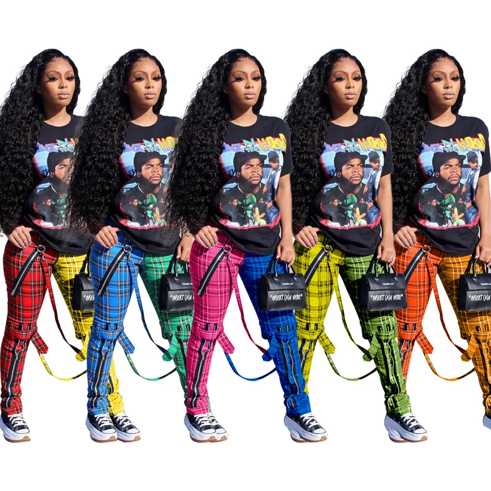 

2021 New Trendy Sweat Jogger Jogging Pants Designer Print Patchwork Plaid Pants Women Zipper Stylish Ladies Pants With Straps