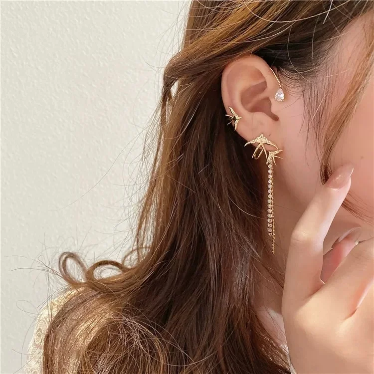 

Metal Ear Bone Clip For Women Sweet Luxury Shining Tassel Zircon Inlaid Rhinestone French Style Earring Swallow Ear Cuff, As picture shown
