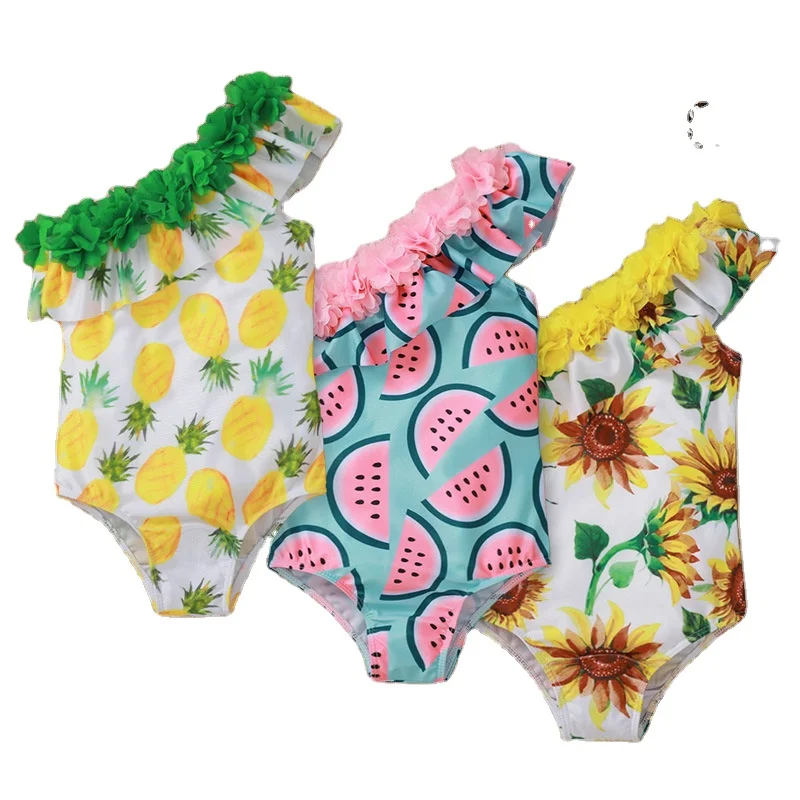 

rts 2021 cute new cartoon irregular neckline watermelon pineapple sunflower print kids romper child swimsuit