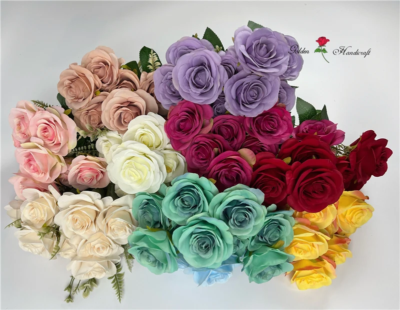 

QSLH-S0612 High Quality Wedding flowers Artificial Silk 9 Heads Rose Flower Bouquet White Rose for Home Wedding Decoration