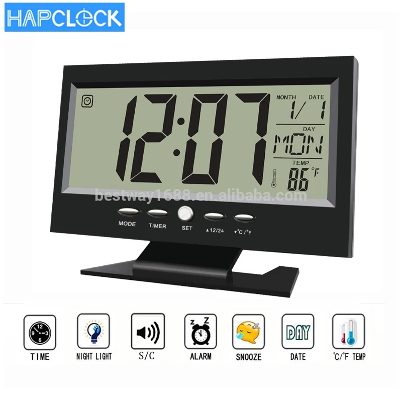 

Hot selling manufacturer alarm clock voice control time digital table alarm clock, Black and silver