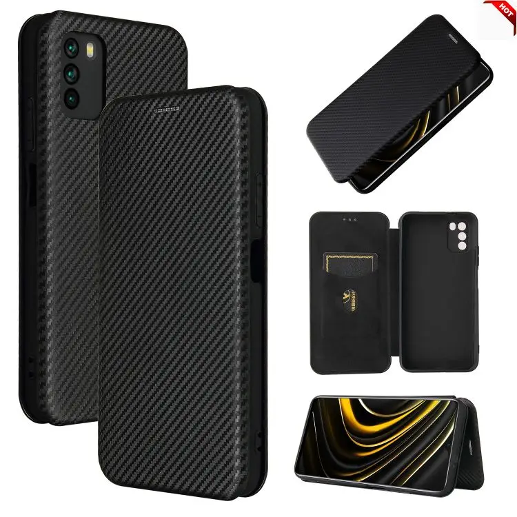 

Shockproof Phone bag Carbon Fiber Texture Magnetic Horizontal Flip TPU + PC + PU Leather Case with Card Slot for Xiaomi Poco M3