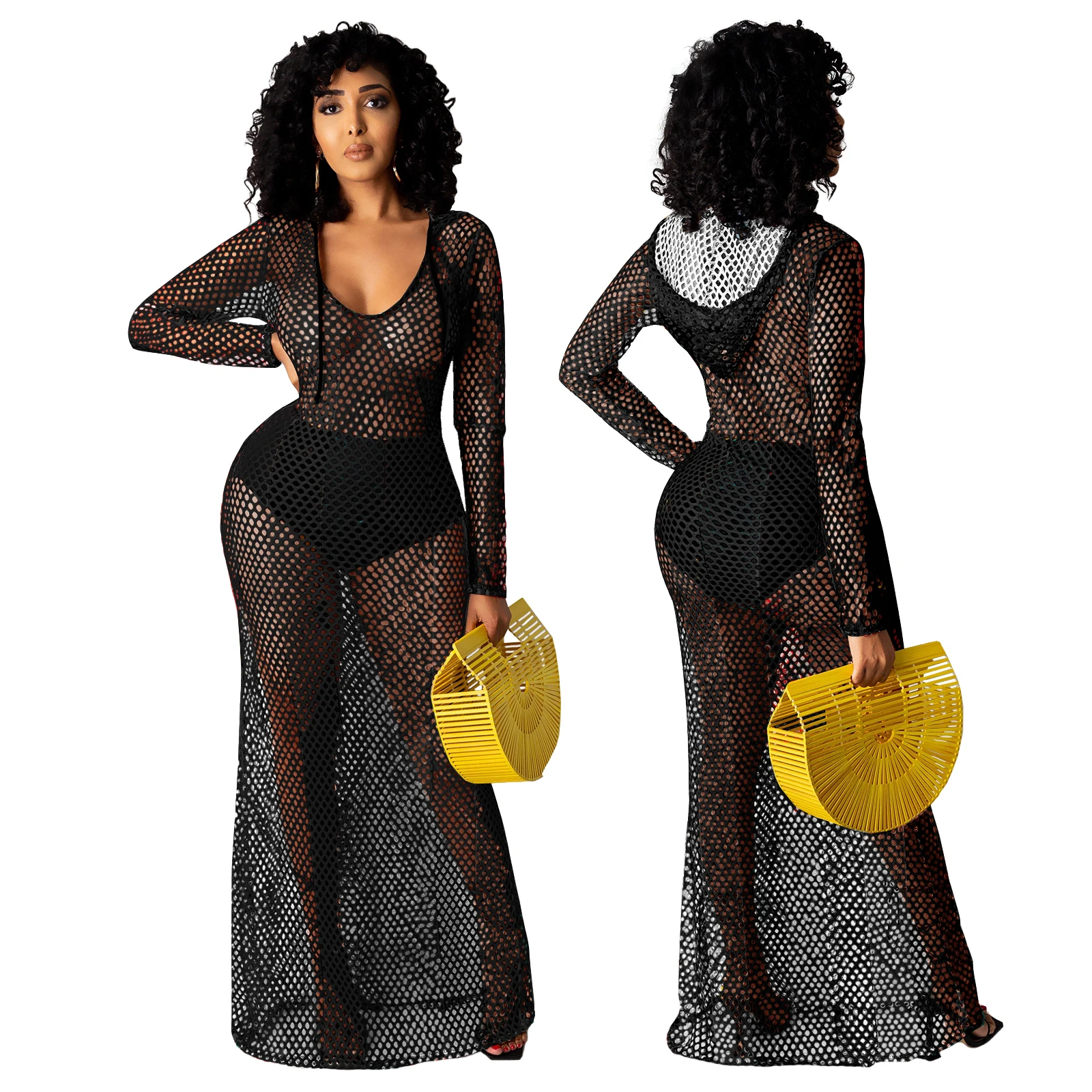 

Wholesale 2021 women see through mesh bikini cover up sexy hoodie fishnet Bodycon Beachwear Dress