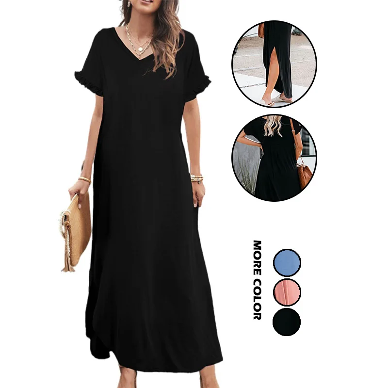 

Wholesale Casual Short Sleeve Loose Fit Cut Out Maxi Dress Pocket Plain Tshirt Dress