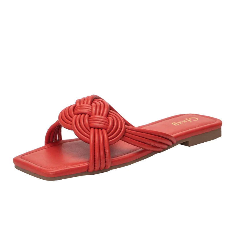 

High Quality Square Toe Summer Flats Sides Cute Trendy Designer New Arrival Women Sandals 2021, Red, black, apricot, green