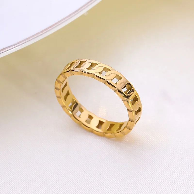 

Thin Cuban Chain Rings Gold Plated Stainless Steel New Dongguan Women's CLASSIC Geometric Engagement Bands or Rings 1pcs/opp Bag, Gold color