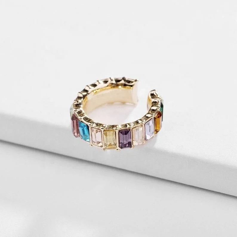 

Non-Pierced Ear Wrap Multi Colored Gold Plated Cubic raw Gemstone hoop Earring, Multi/customized