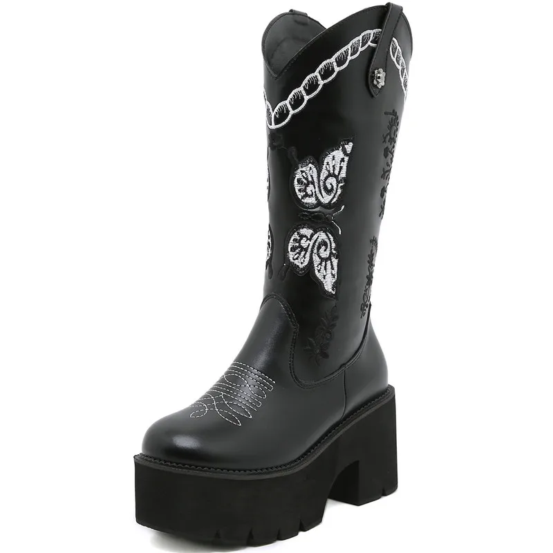 

Dropshipping Custom Logo Women Middle Heels Comfortable High Zipper Boots Lady New Embroidered Fashion vintage Long boots