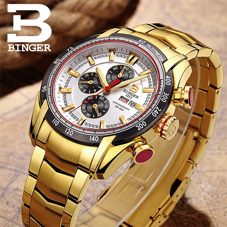 

Binger 1163 G Mens Watches Top Brand Luxury Full Steel Clock Sport Quartz Watch Men Casual Waterproof Gold Watch Relogio