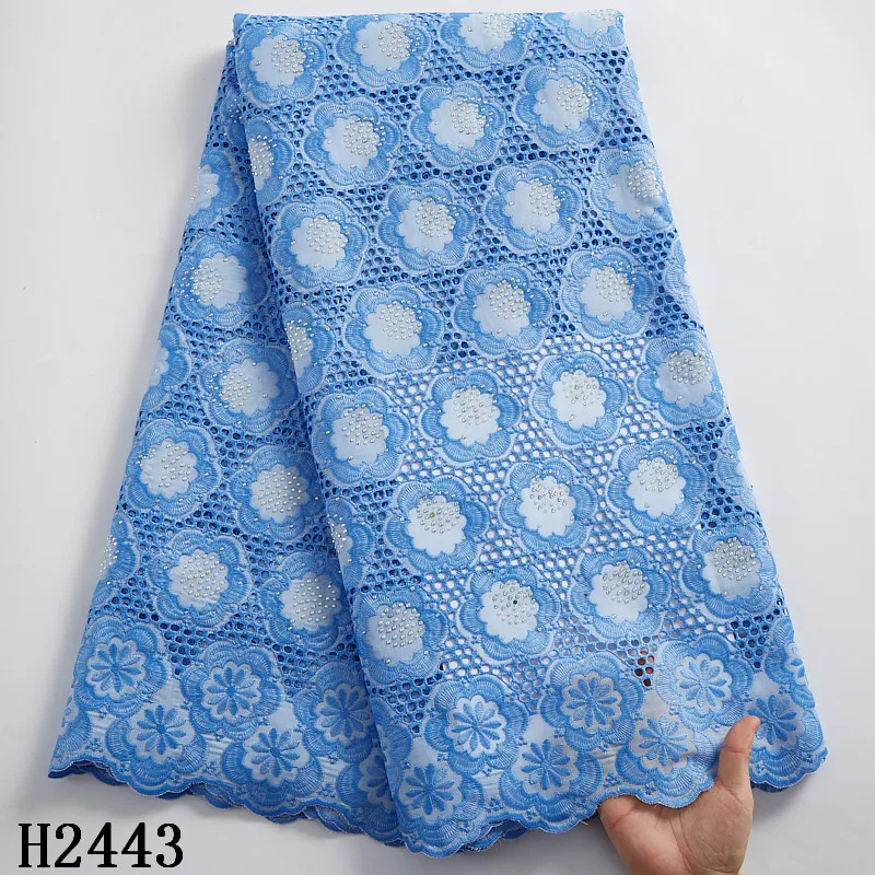 

2443 Embroidery Flower Swiss Voile Lace Fabric With Stones Nigerian Sky Blue Cotton Cord Lace Fabric For Dress, Shown