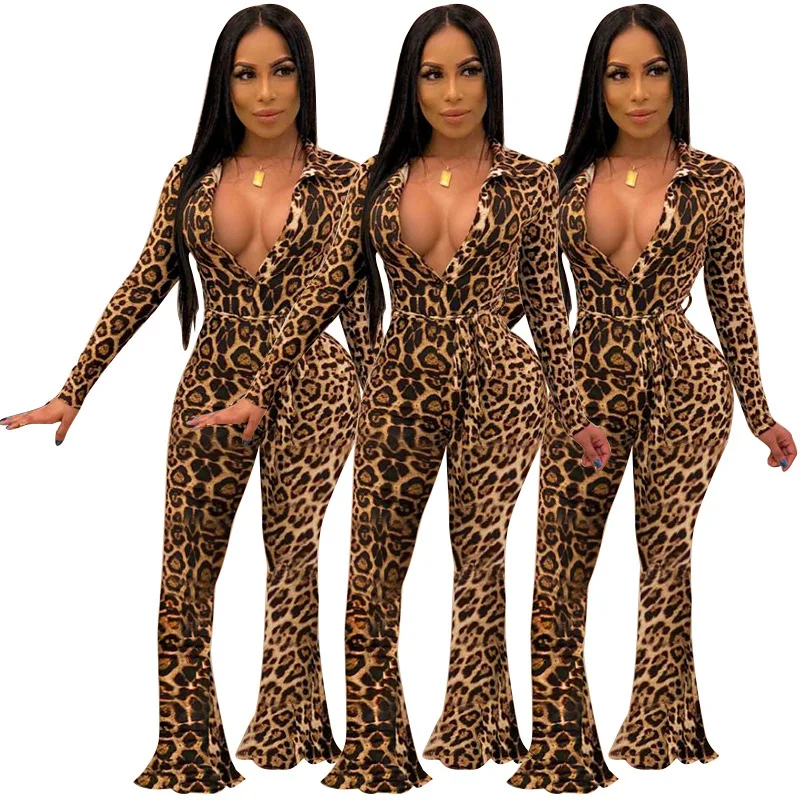 

N2401 - Fit Fashion Leopard Flare Jumpsuit Women