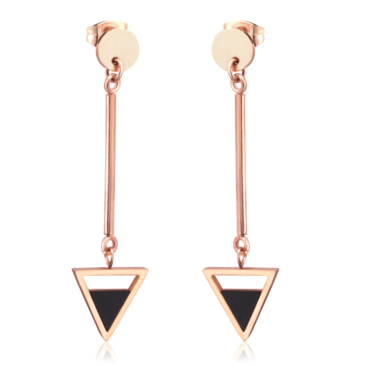 

Fashion Asonsteel Rose gold costume triangle shape stainless steel black shell drop earrings for women