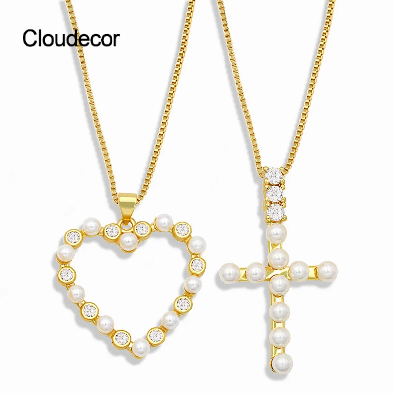 

Pearl Heart Necklace Hot Selling Jewelry Diamond Christian Faith Cross Pendant Necklace Womens Chain Necklace 18k Gold Plated