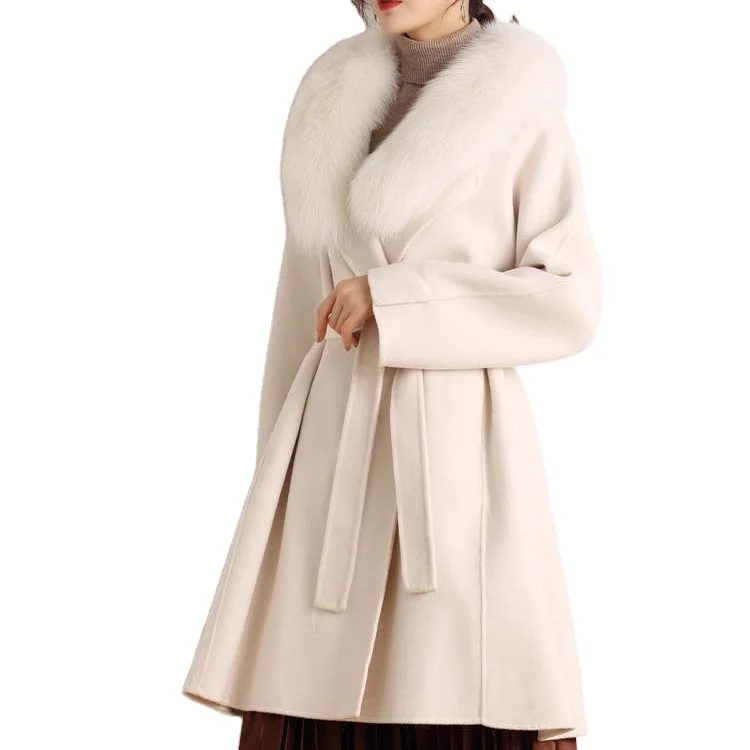 

2020 Fashion Double Breasted Faced Wool Coat Women Wool Cloth Long Overcoat Outwear Trench, White pink