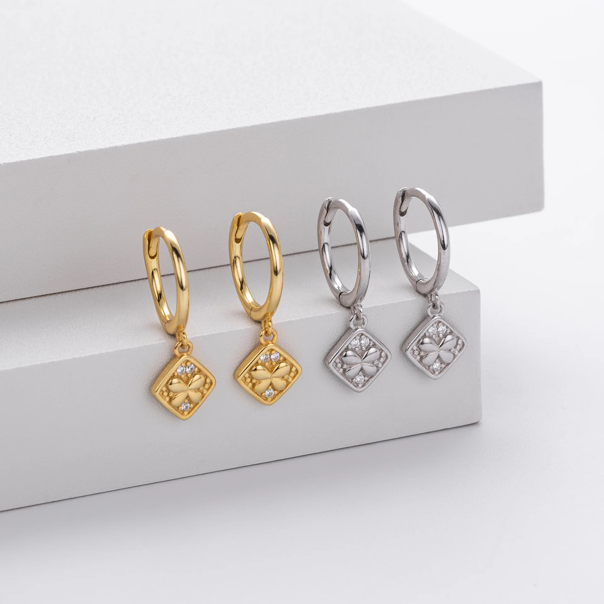 Fashion Jewelry Earrings 925 Sterling Silver Diamond Earrings square Pendant butterfly Gold Plated Hoop Earrings Women