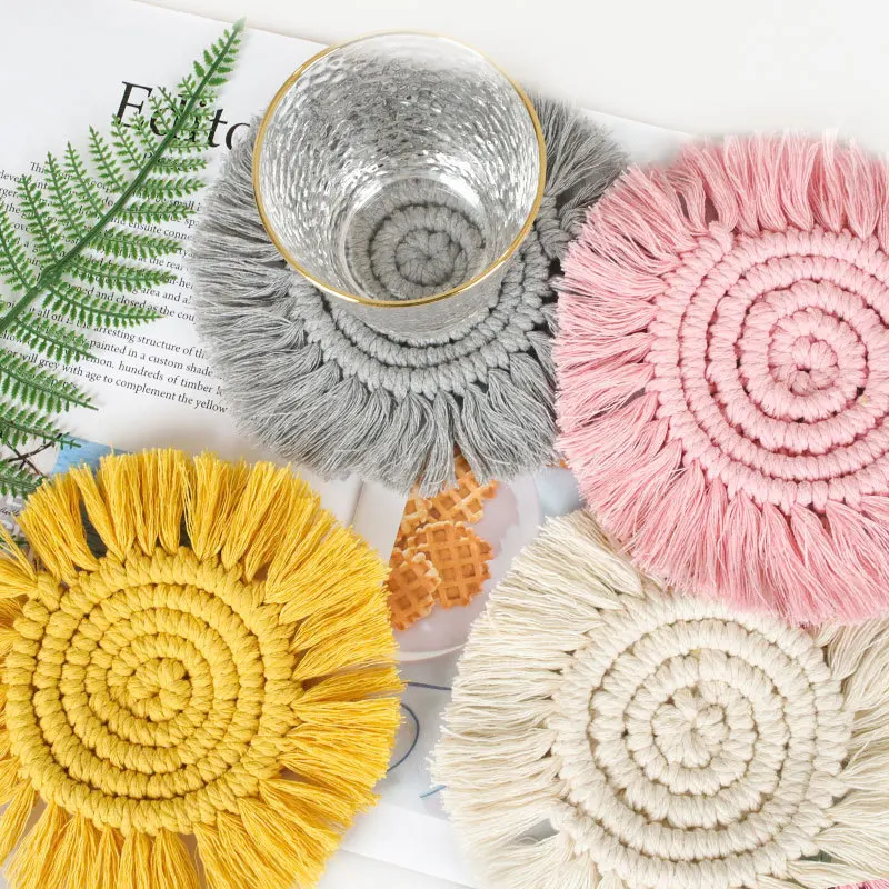 

Ins Nordic wind cotton string hand woven colorful Macrame Coasters round cup mat place mat Bohemian tassel ornaments, Color card