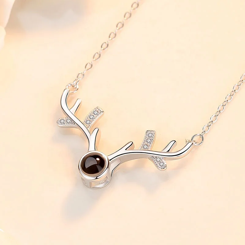 

925 Sterling Silver Necklace 100 languages I love you Projection Female Zircon Antlers Pendant Necklace Gift For Woman