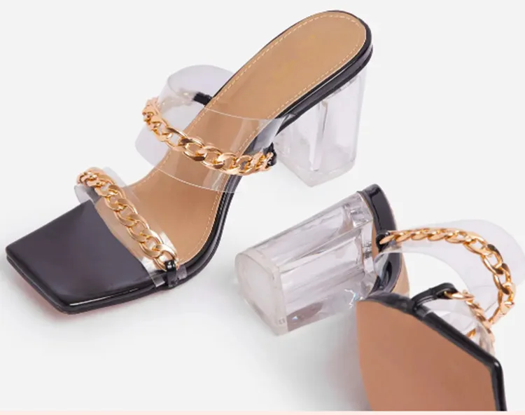 

2021 NEW Fashion Metal Chain slides footwear Clear Transparent Peep Toe Pumps Slingback Sexy Heeled Sandals women's slippers, Many colors