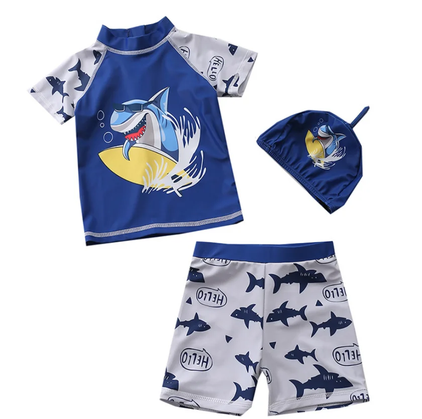 

2021 Baby Toddler Boys Two Pieces Swimsuit Set Shark Bathing Suit Rash Guards Swimwear with Hat, As pic